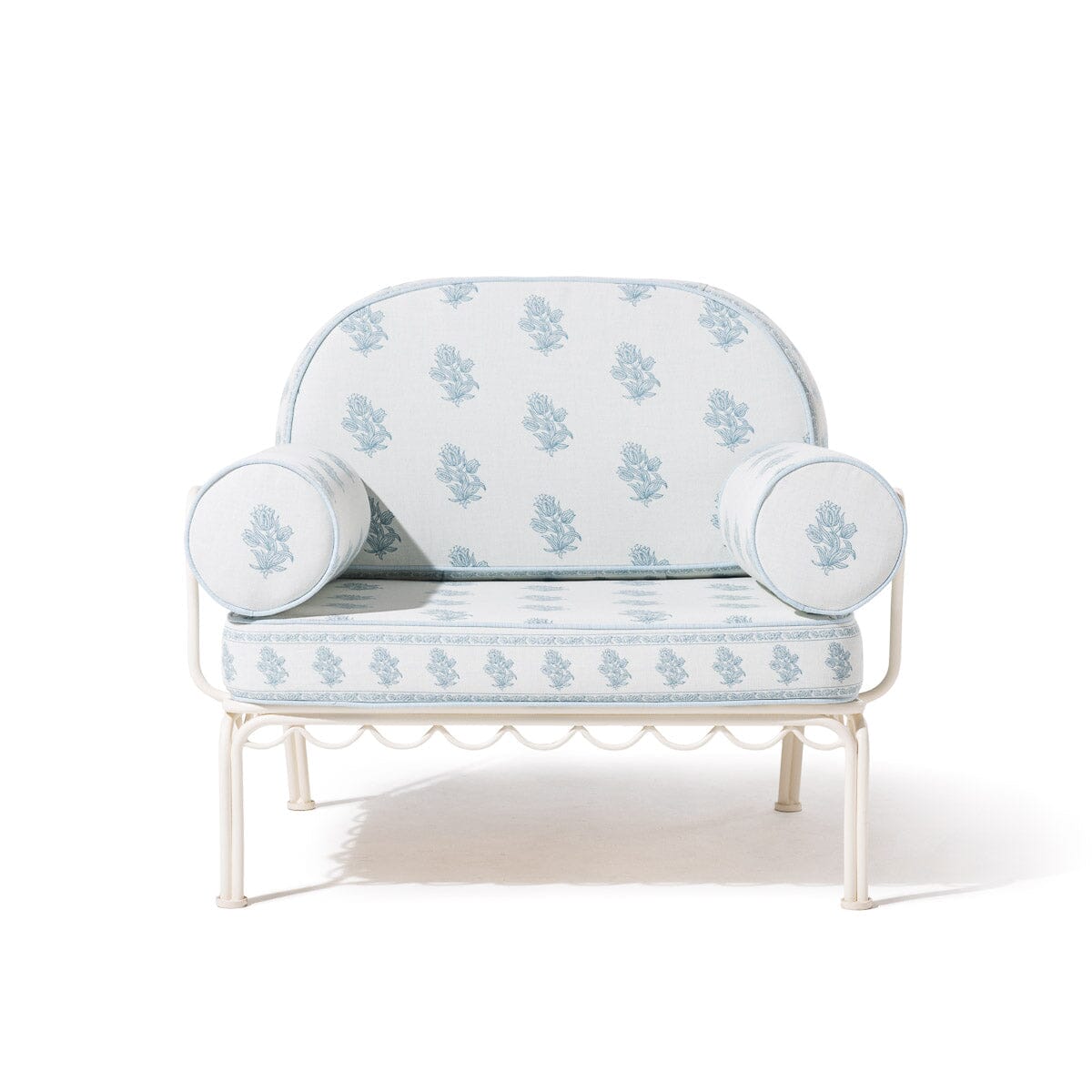 The Al Fresco Accent Chair by Amanda Lindroth in Jaipur Blue | Antique White Frame Al Fresco Accent Chair Kit B&P by Amanda Lindroth