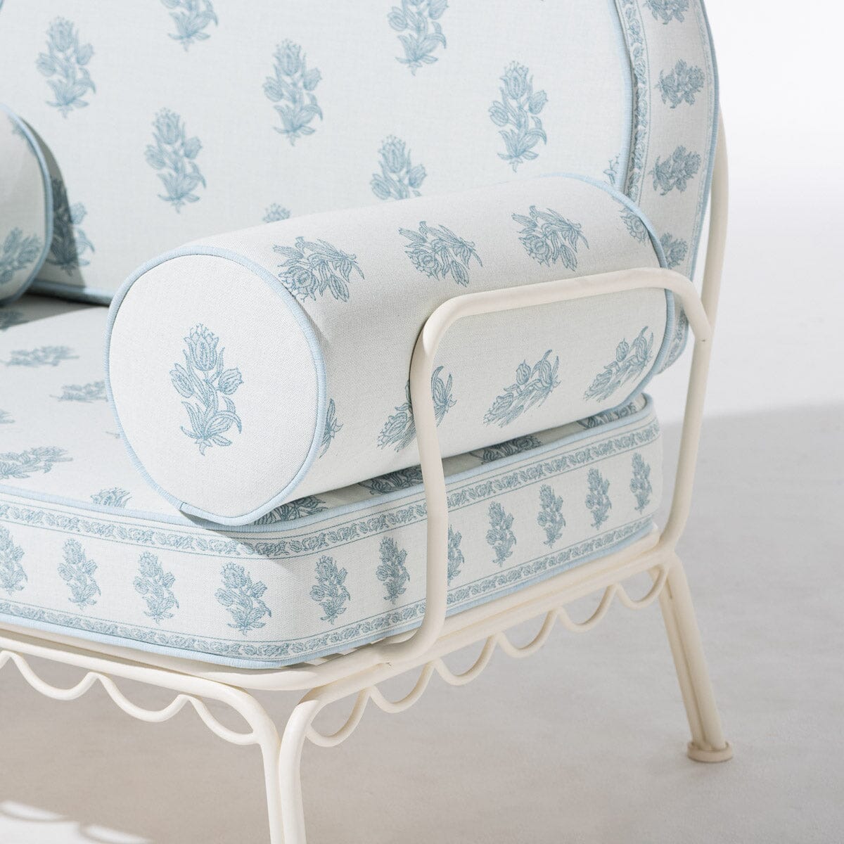 The Al Fresco Accent Chair by Amanda Lindroth in Jaipur Blue | Antique White Frame Al Fresco Accent Chair Kit B&P by Amanda Lindroth