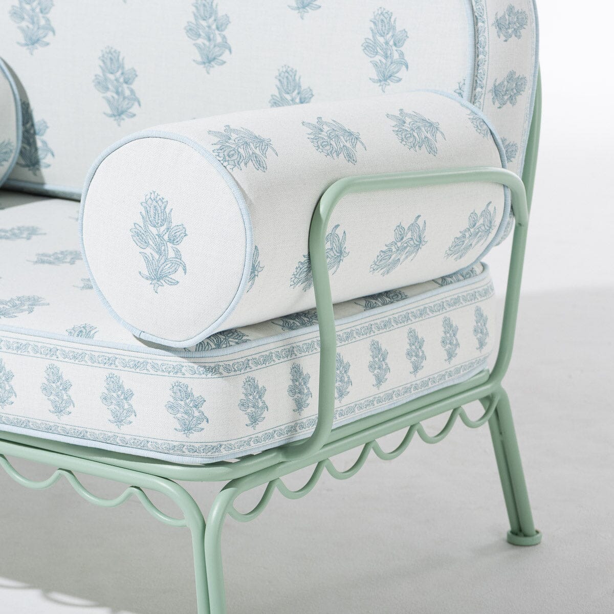 The Al Fresco Accent Chair by Amanda Lindroth in Jaipur Blue | Sage Green Frame Al Fresco Accent Chair Kit B&P by Amanda Lindroth