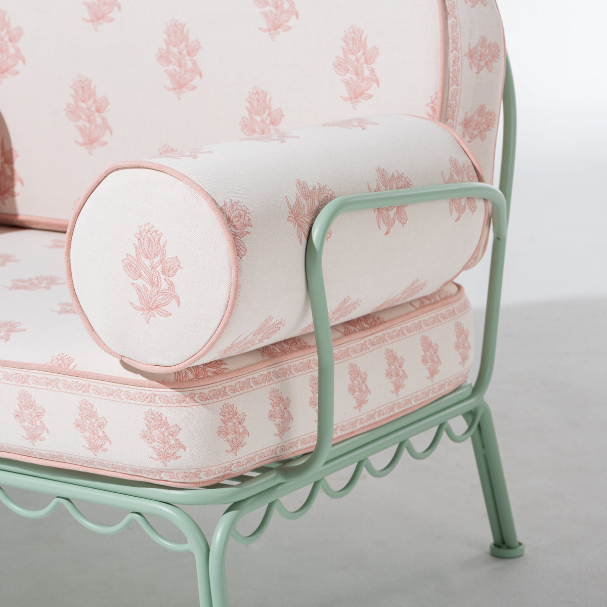 The Al Fresco Accent Chair by Amanda Lindroth in Jaipur Pink | Sage Green Frame Al Fresco Accent Chair Kit B&P by Amanda Lindroth
