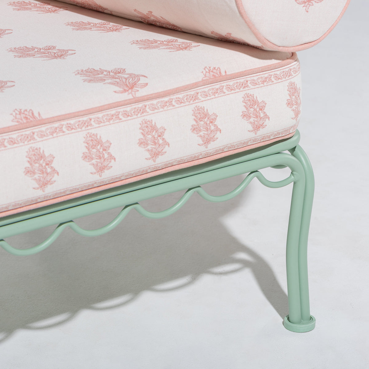 The Al Fresco Accent Chair by Amanda Lindroth in Jaipur Pink | Sage Green Frame Al Fresco Accent Chair Kit B&P by Amanda Lindroth