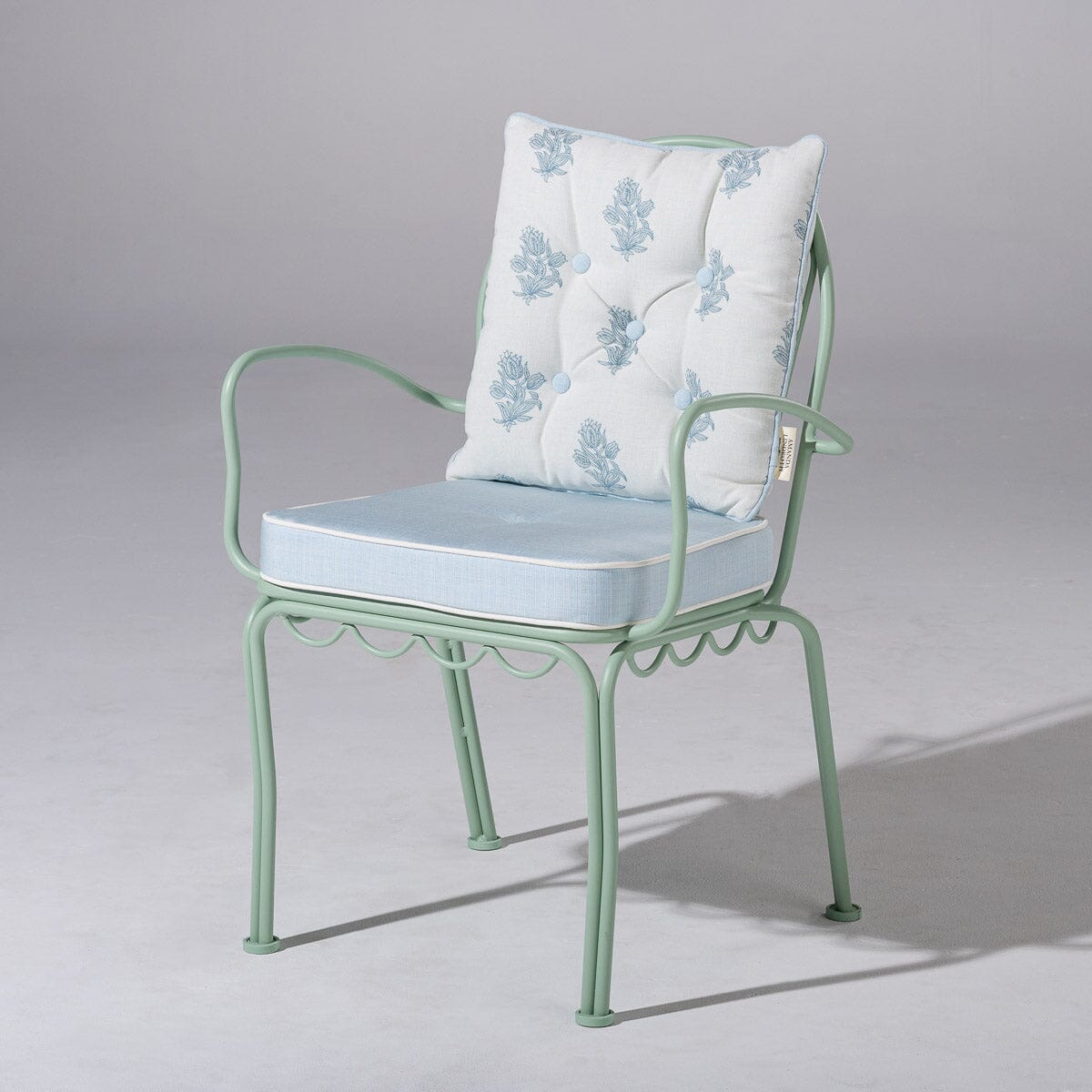 The Al Fresco Dining Chair & Cushion by Amanda Lindroth in Sky Blue | Sage Green Frame Al Fresco Dining Chair Kit B&P by Amanda Lindroth