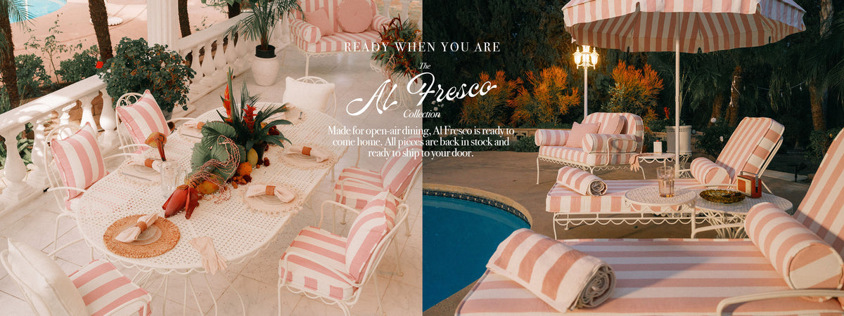 A split-screen lifestyle advertisement for 'Al Fresco Collection' showcasing their striped patio furniture. The left side features a white dining table and matching striped chairs on a balcony.