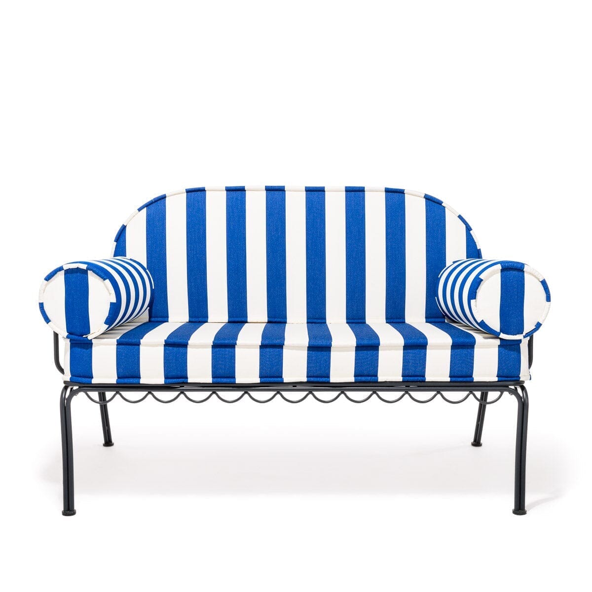 Product image of The Al Fresco Love Seat in Crew Mediterranean Blue Stripe | Vintage Black Frame Al Fresco Love Seat Kit Business & Pleasure Co.