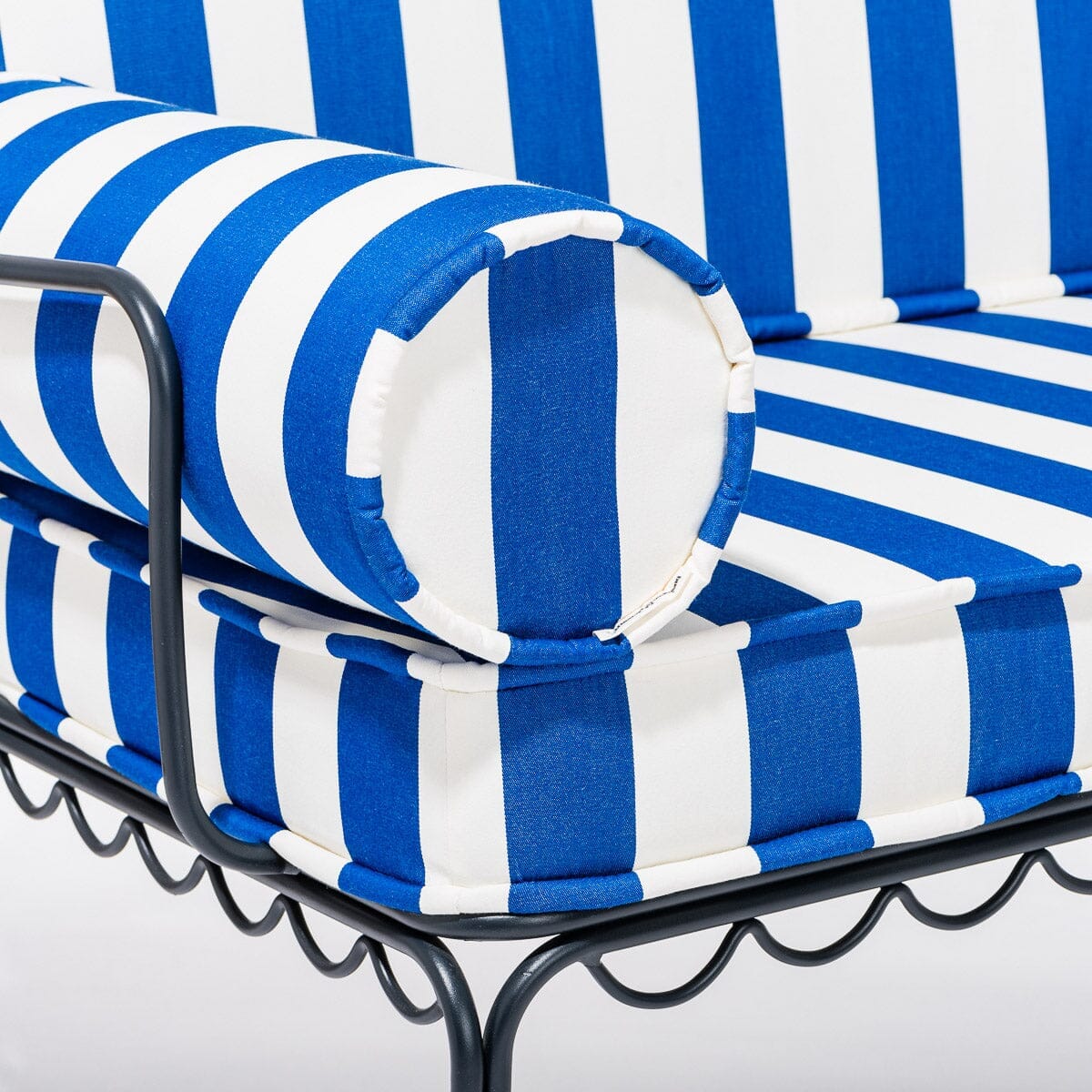 The Al Fresco Love Seat in Crew Mediterranean Blue Stripe | Vintage Black Frame Al Fresco Love Seat Kit Business & Pleasure Co.