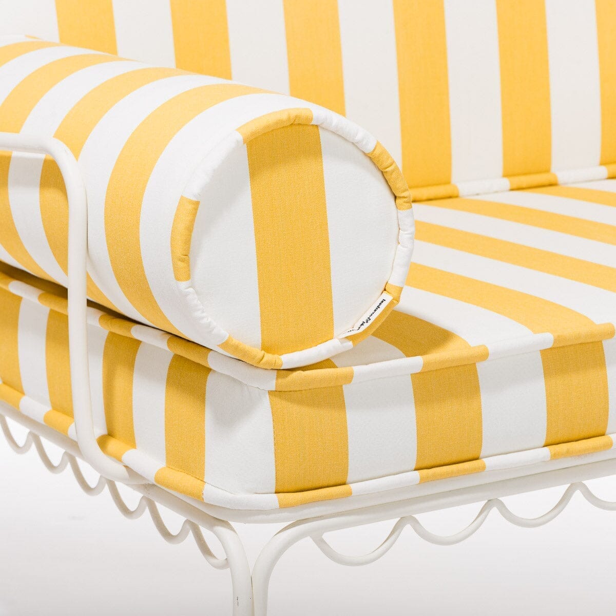 The Al Fresco Love Seat in Crew Mimosa Yellow Stripe | Antique White Frame Al Fresco Love Seat Kit Business & Pleasure Co.