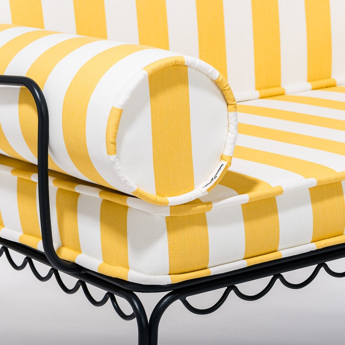 The Al Fresco Love Seat in Crew Mimosa Yellow Stripe | Vintage Black Frame Al Fresco Love Seat Kit Business & Pleasure Co.