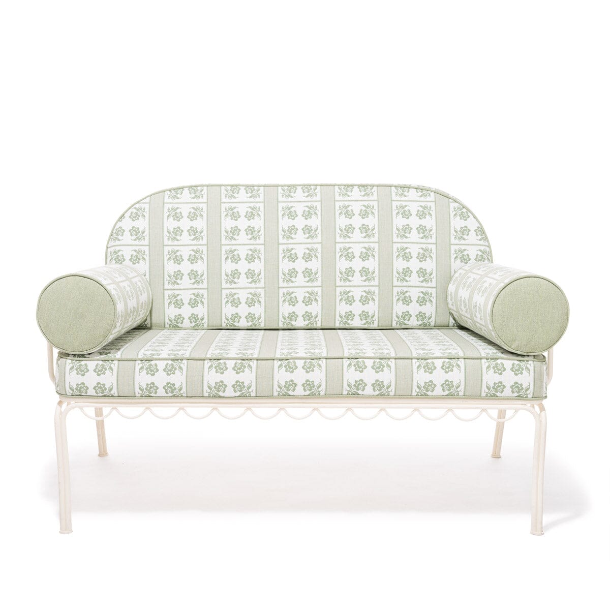 Product image of The Al Fresco Love Seat x Julia Berolzheimer in Jacquard Green | Antique White Frame Al Fresco Love Seat Kit Business & Pleasure Co Aus