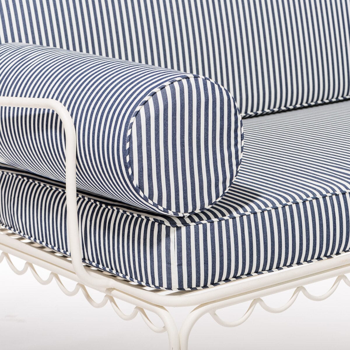 The Al Fresco Love Seat in Lauren's Navy Stripe | Antique White Frame Al Fresco Love Seat Kit Business & Pleasure Co.