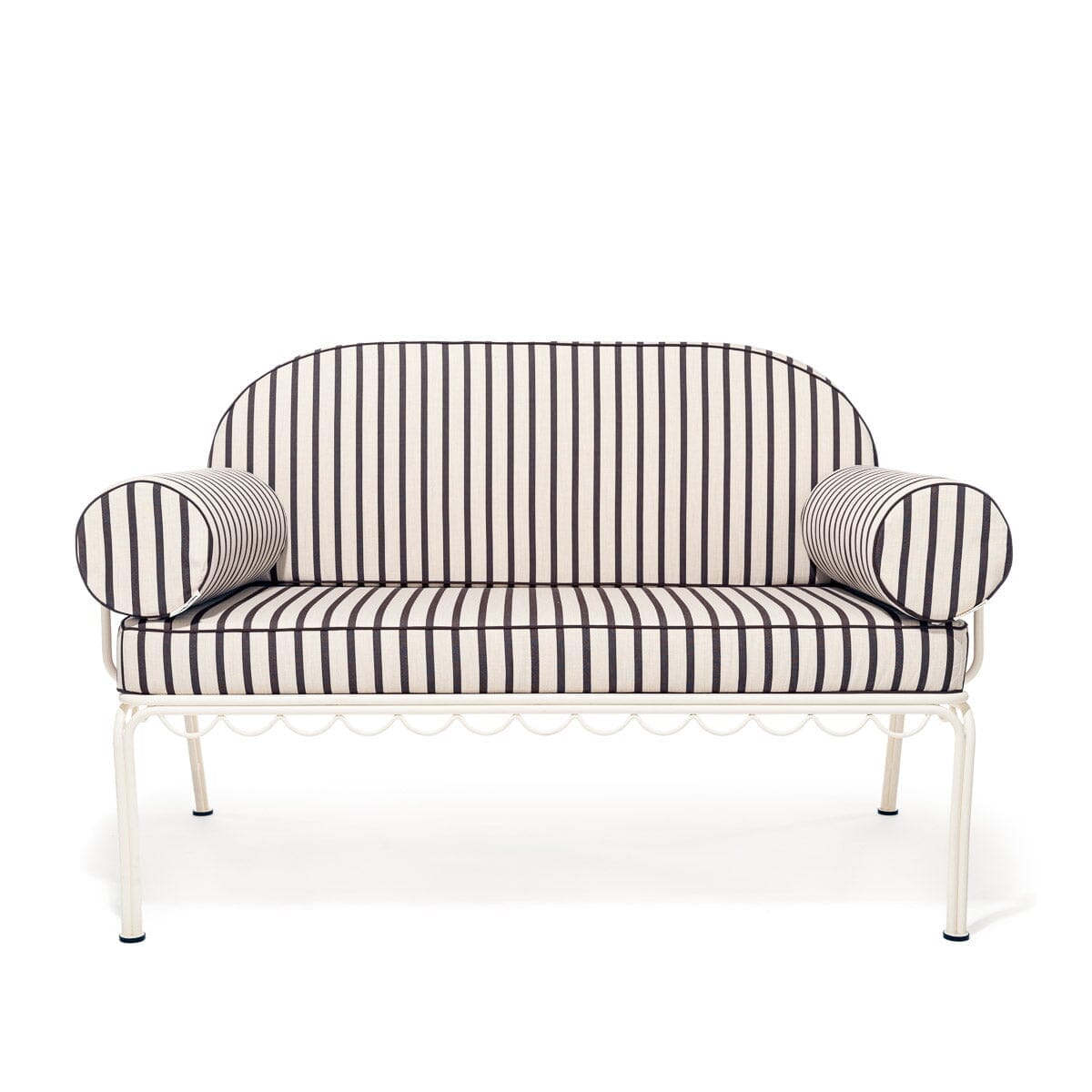 The Al Fresco Love Seat in Monaco Black Stripe | Antique White Frame Al Fresco Love Seat Kit Business & Pleasure Co.