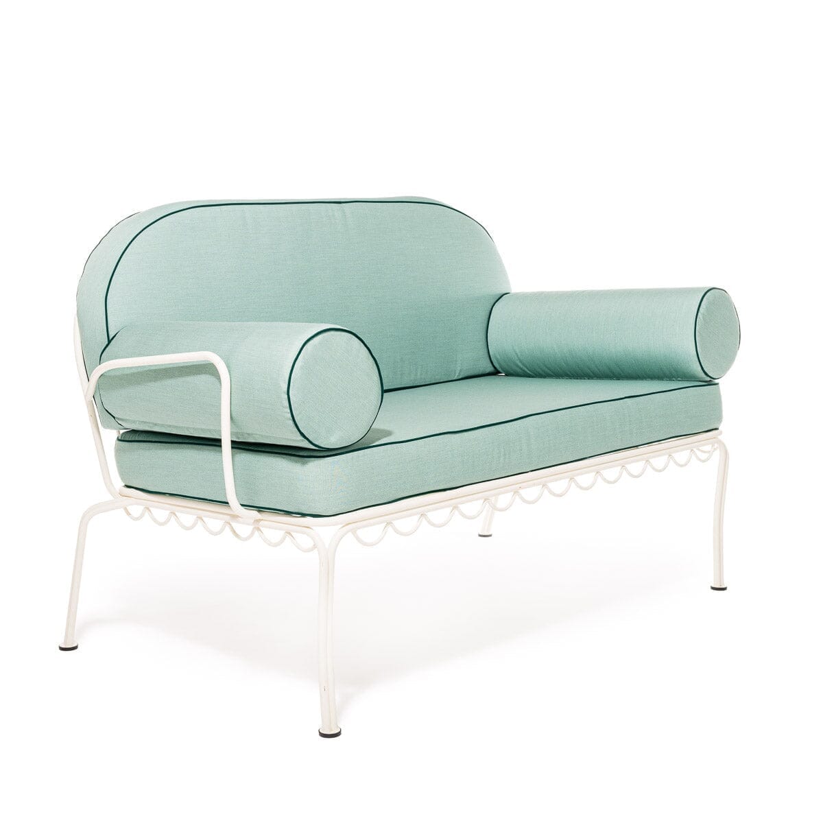 The Al Fresco Love Seat in Rivie Green | Antique White Frame Al Fresco Love Seat Kit Business & Pleasure Co.