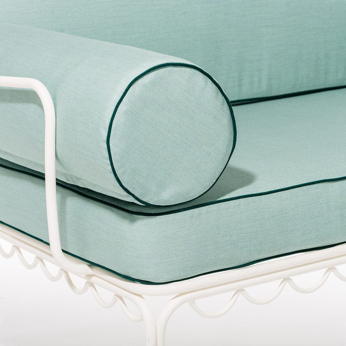 The Al Fresco Love Seat in Rivie Green | Antique White Frame Al Fresco Love Seat Kit Business & Pleasure Co.