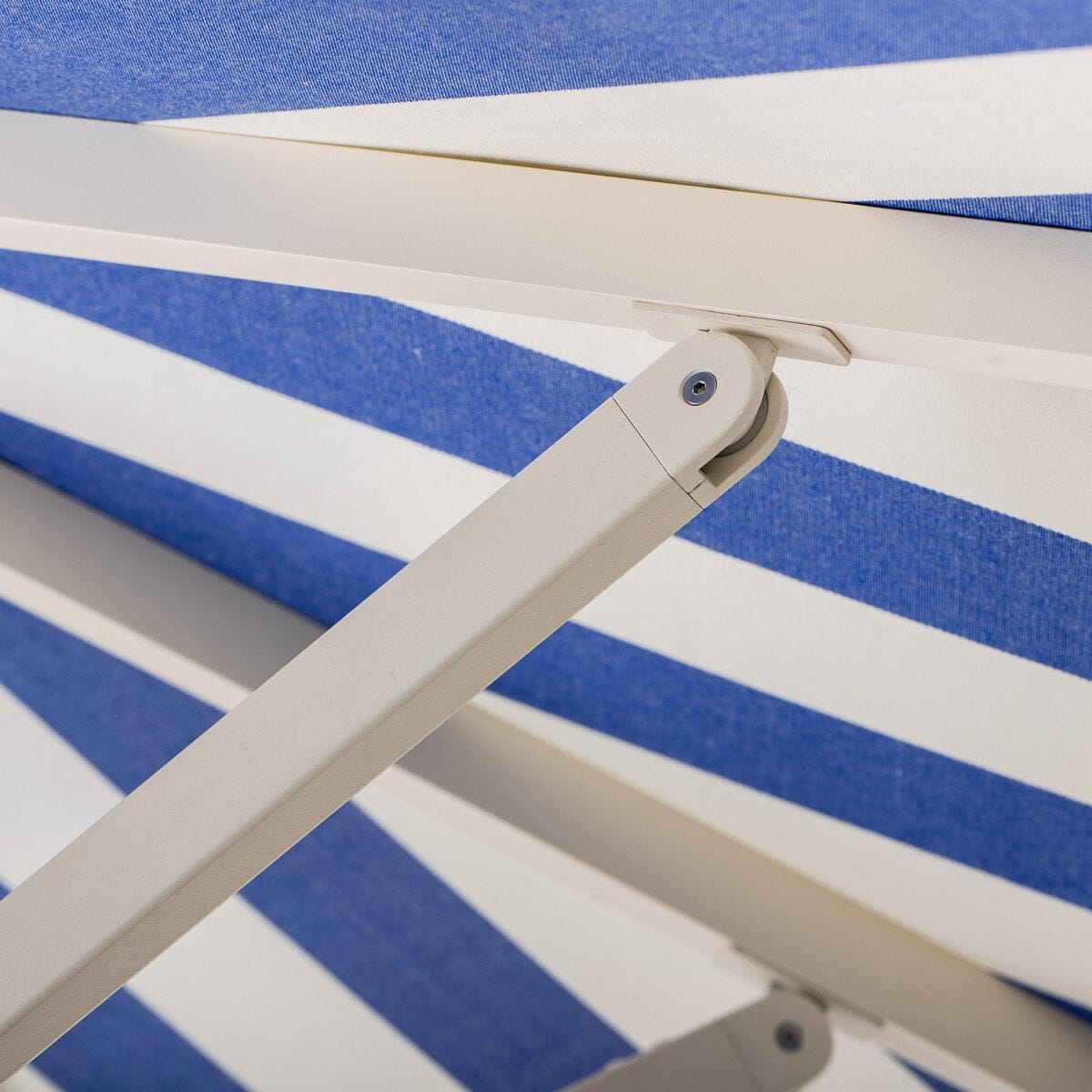 The Resort Market Umbrella in Crew Mediterranean Blue Stripe | 8' Antique White Frame Resort Market Umbrella Kit Business & Pleasure Co.