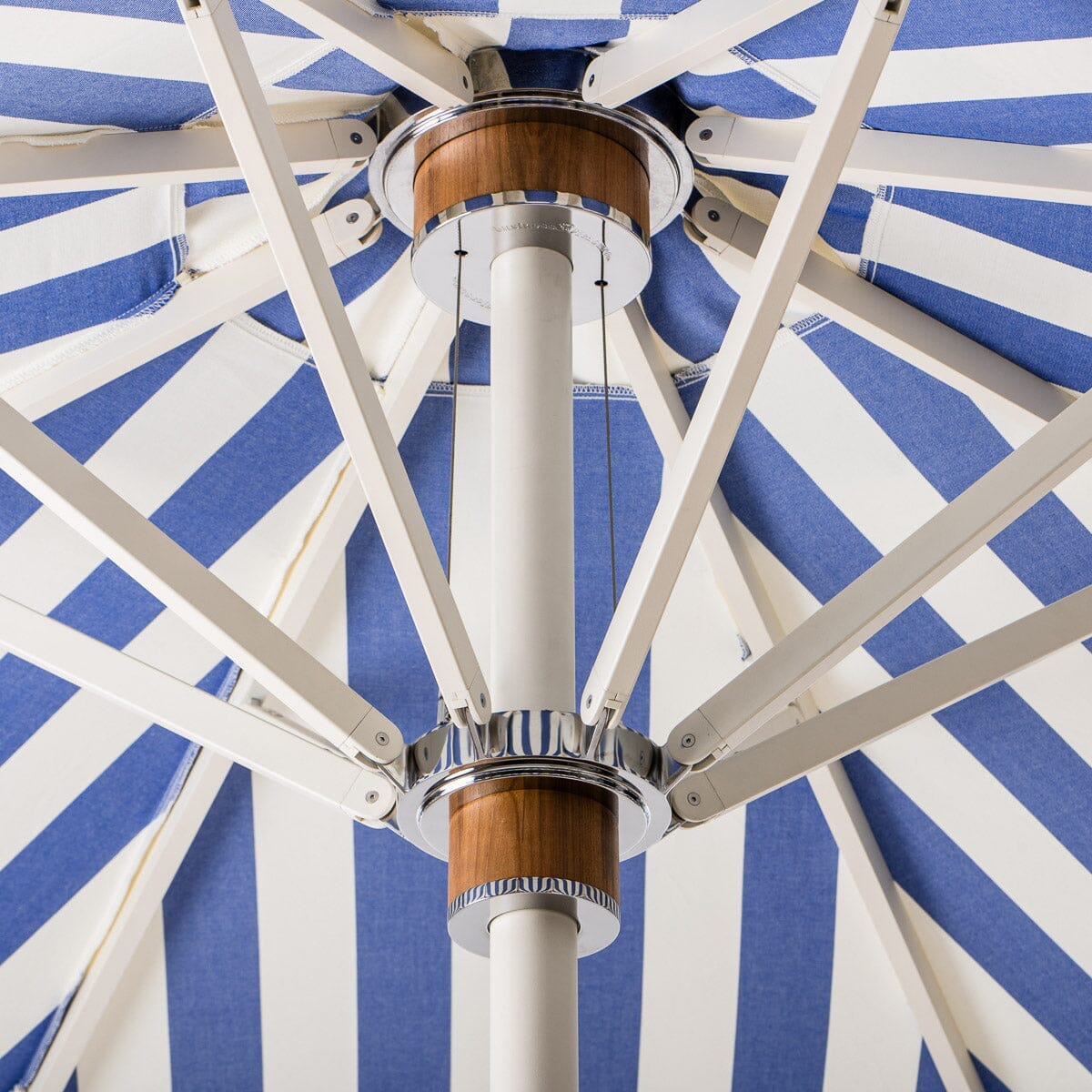 The Resort Market Umbrella in Crew Mediterranean Blue Stripe | 8' Antique White Frame Resort Market Umbrella Kit Business & Pleasure Co.