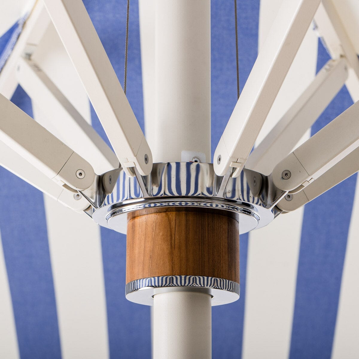 The Resort Market Umbrella in Crew Mediterranean Blue Stripe | 8' Antique White Frame Resort Market Umbrella Kit Business & Pleasure Co.