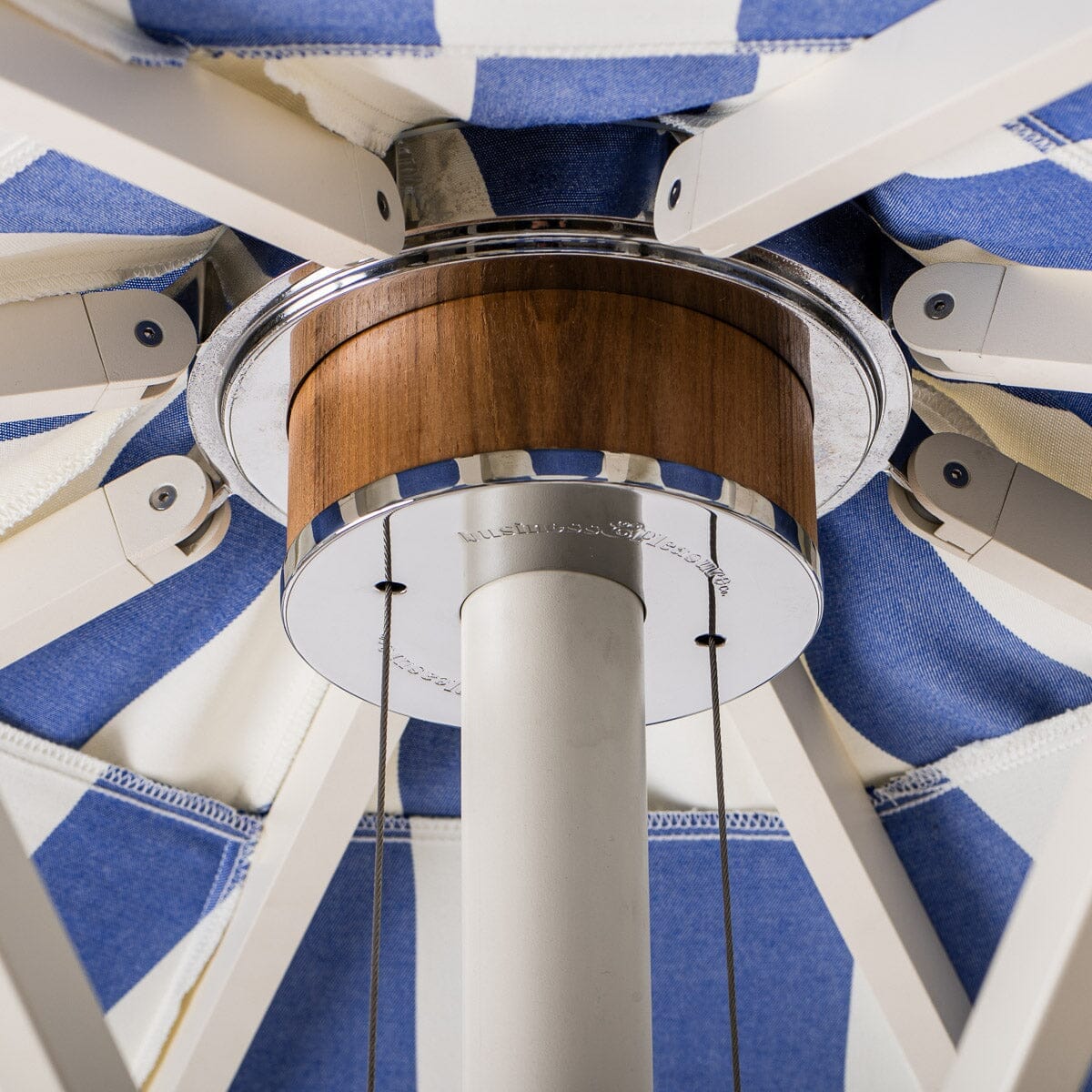 The Resort Market Umbrella in Crew Mediterranean Blue Stripe | 8' Antique White Frame Resort Market Umbrella Kit Business & Pleasure Co.