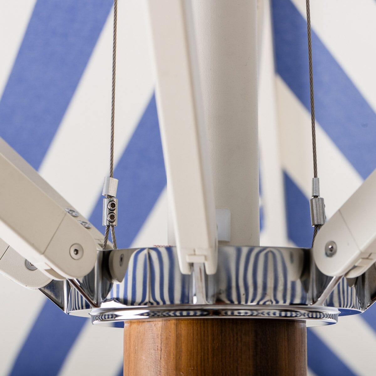 The Resort Market Umbrella in Crew Mediterranean Blue Stripe | 8' Antique White Frame Resort Market Umbrella Kit Business & Pleasure Co.