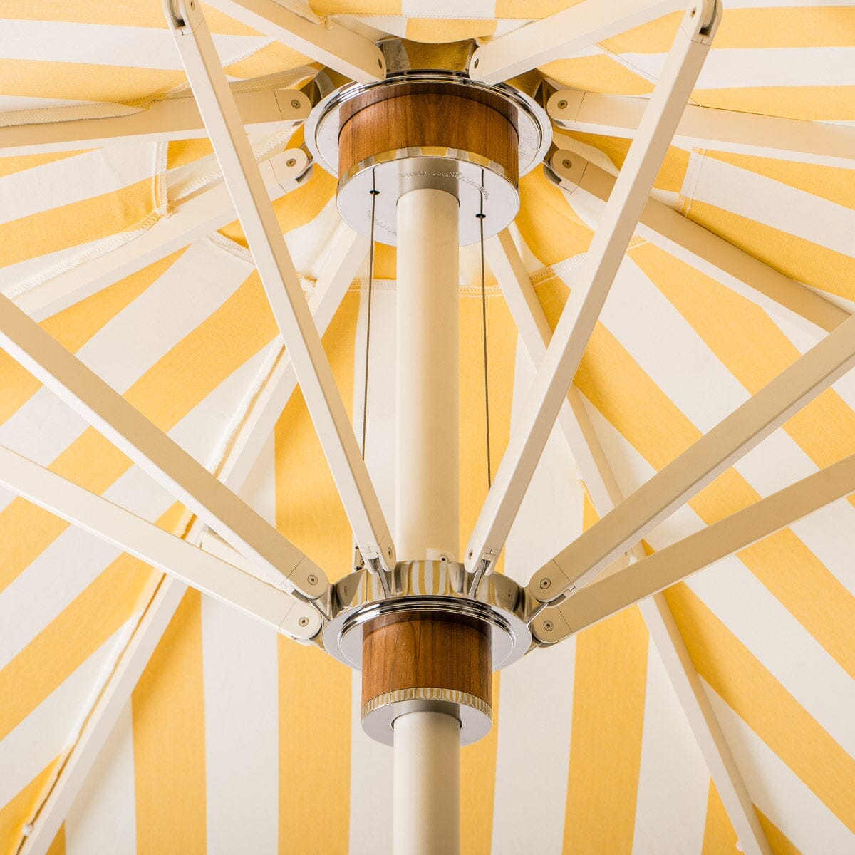 The Resort Market Umbrella in Crew Mimosa Yellow Stripe | 10' Antique White Frame Resort Market Umbrella Kit Business & Pleasure Co.