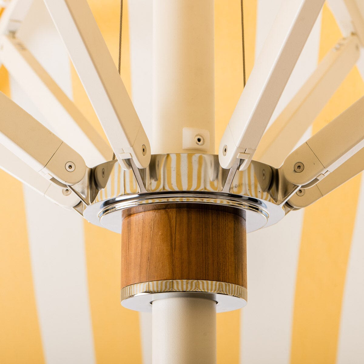 The Resort Market Umbrella in Crew Mimosa Yellow Stripe | 10' Antique White Frame Resort Market Umbrella Kit Business & Pleasure Co.