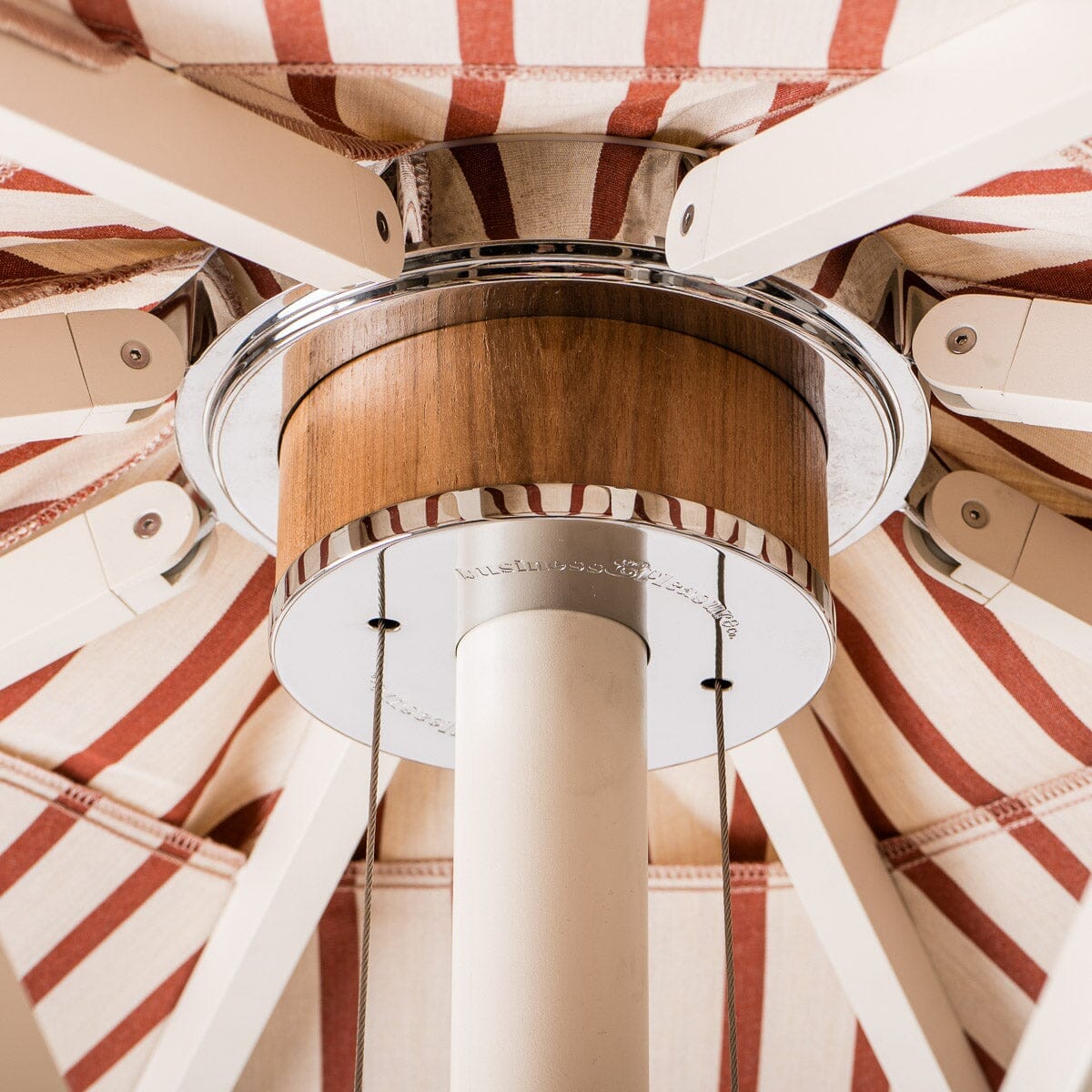 The Resort Market Umbrella in Monaco Le Sirenuse Stripe | 10' Antique White Frame Resort Market Umbrella Kit Business & Pleasure Co.