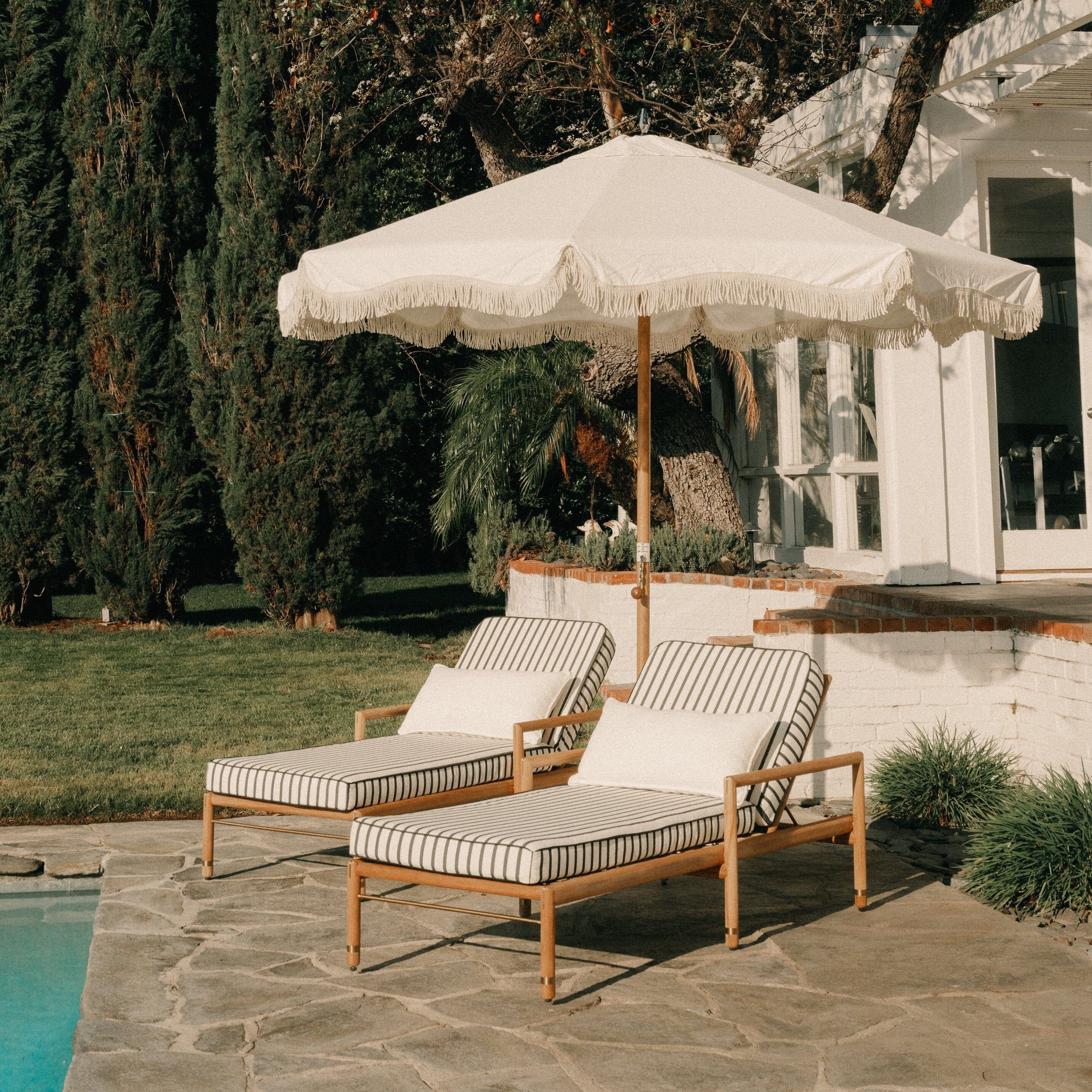 The WES Sun Lounger in Monaco Black Stripe | Teakwood Gold Frame Wes Sun Lounger Kit Business & Pleasure Co Aus