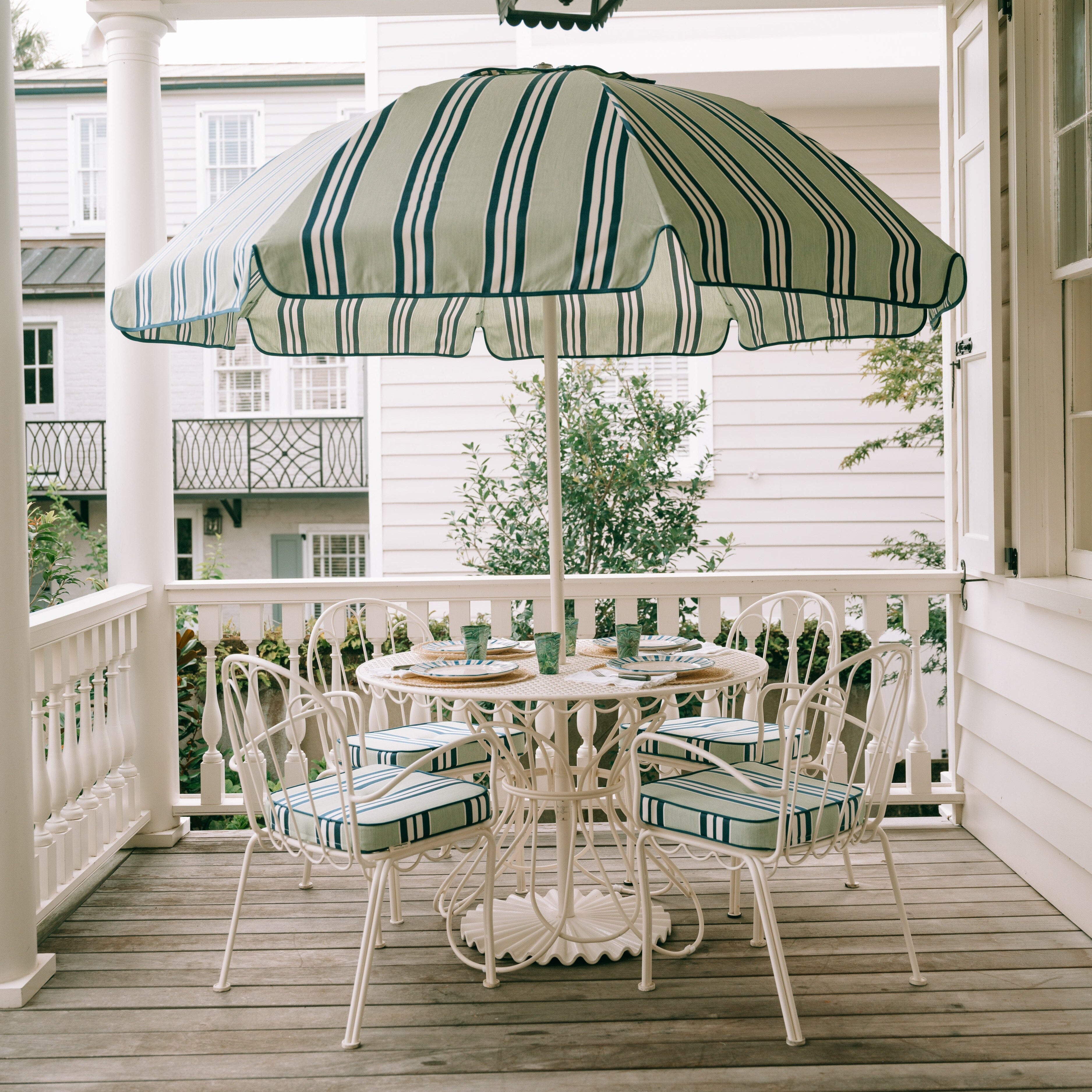 The Patio Umbrella x Julia Berolzheimer in Green Stripes Patio Umbrella B&P Co. x Julia Berolzheimer