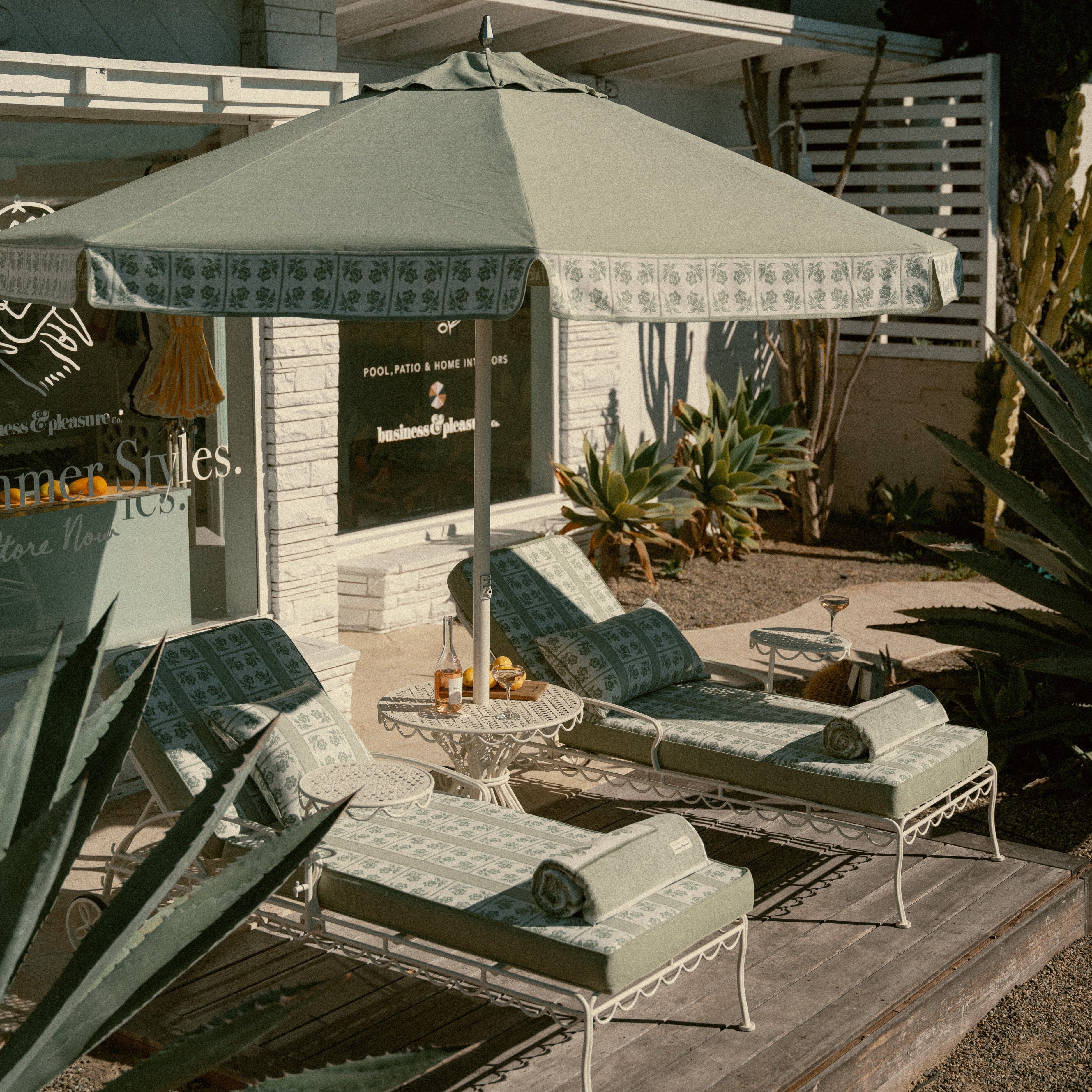 The Resort Market Umbrella x Julia Berolzheimer in Jacquard Green | 10' Antique White Frame Resort Market Umbrella Kit Business & Pleasure Co Aus