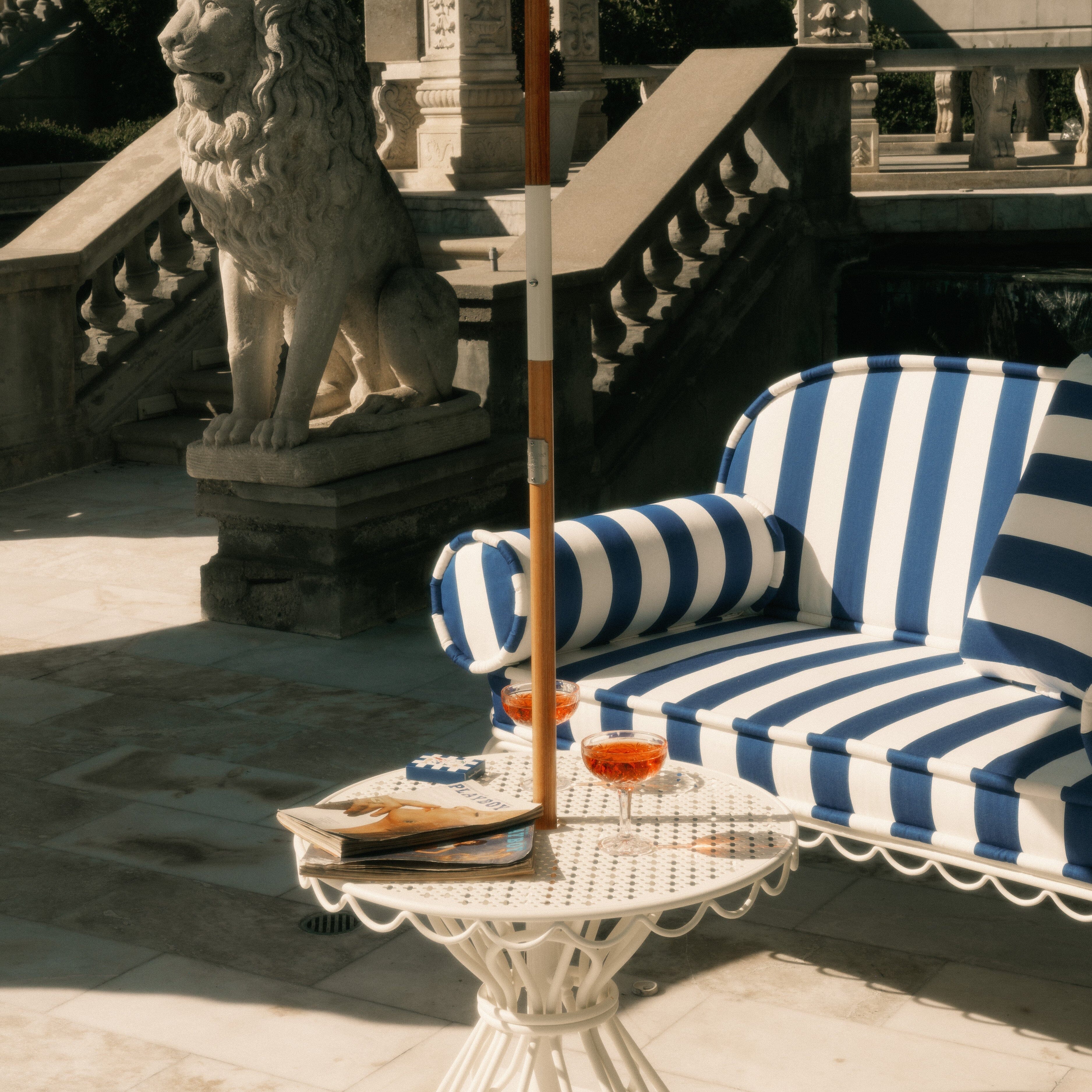 The Al Fresco Love Seat Slip Cover Set - Crew Mediterranean Blue Stripe Al Fresco Love Seat Slip Cover Set Business & Pleasure Co.