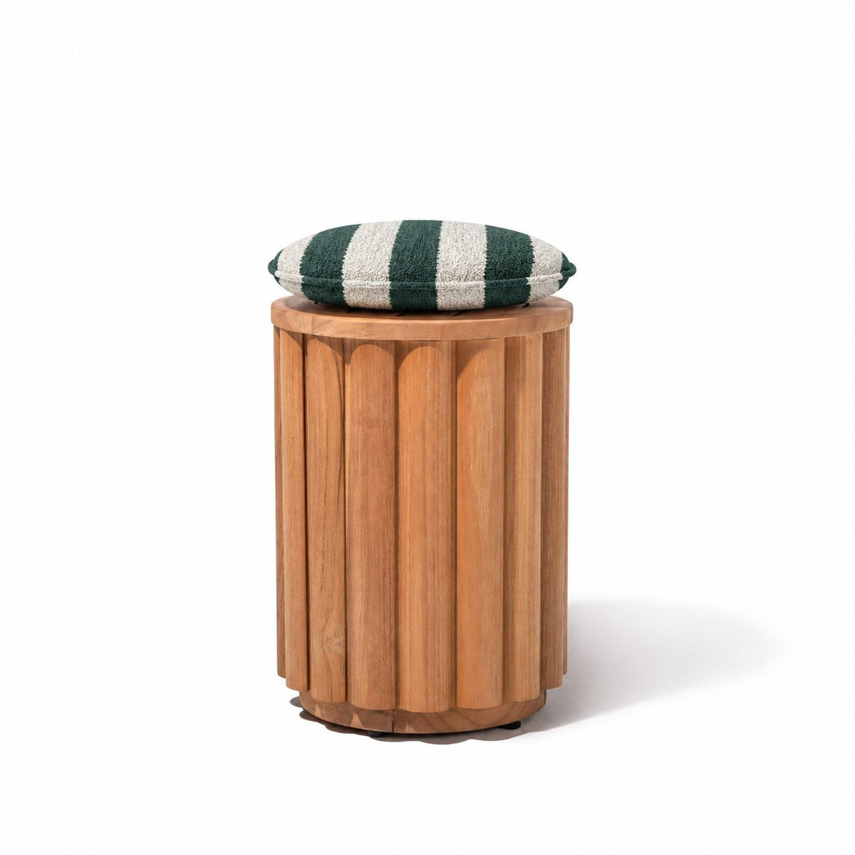 Daisy Teak Stool in Teakwood | Terry Green Stripe Cushion