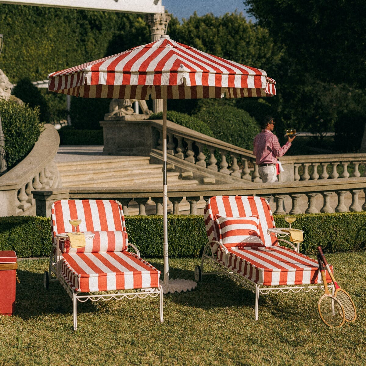 The Al Fresco Sun Lounger in Crew Le Sirenuse Stripe | Antique White Frame Al Fresco Sun Lounger Kit Business & Pleasure Co.