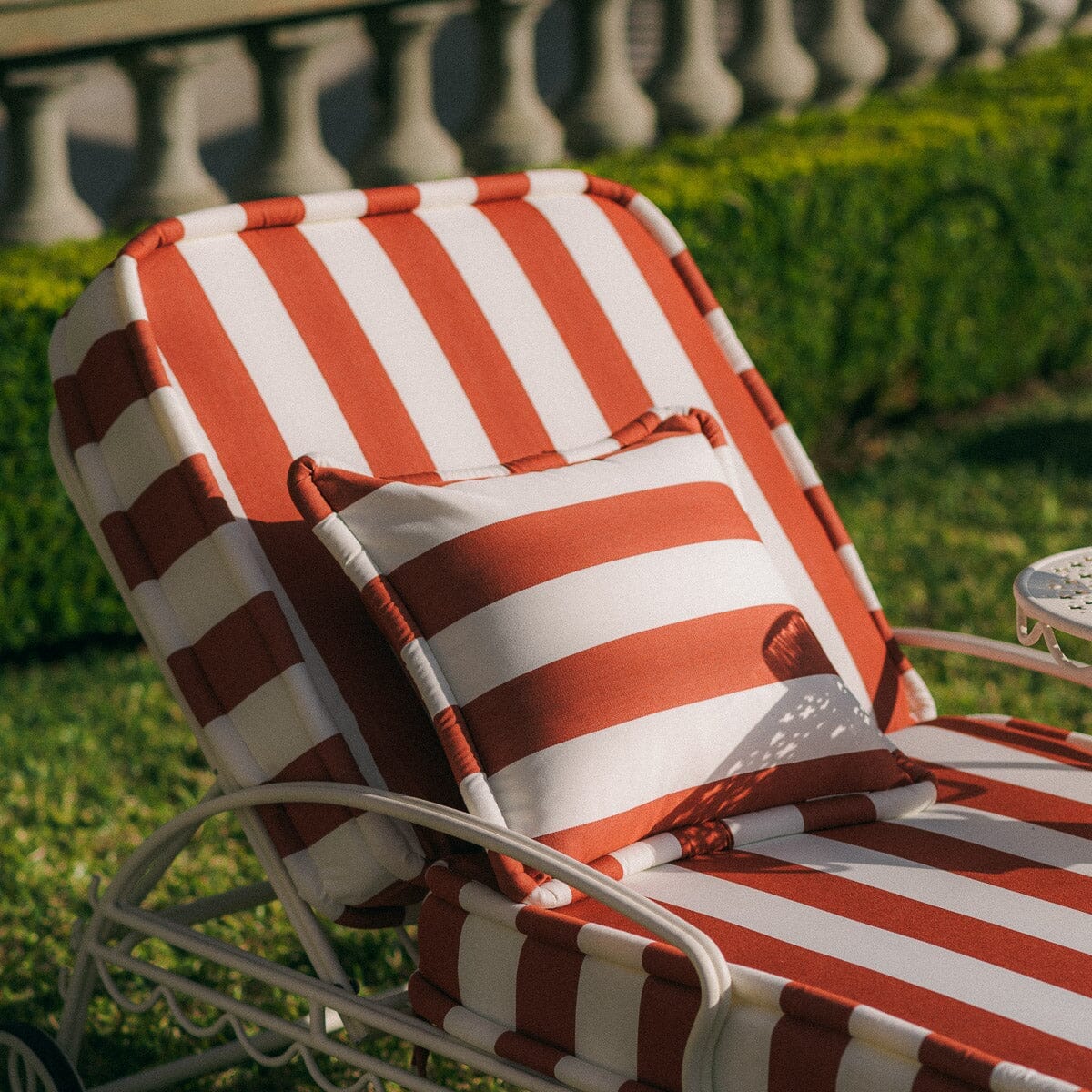The Al Fresco Sun Lounger in Crew Le Sirenuse Stripe | Antique White Frame Al Fresco Sun Lounger Kit Business & Pleasure Co.