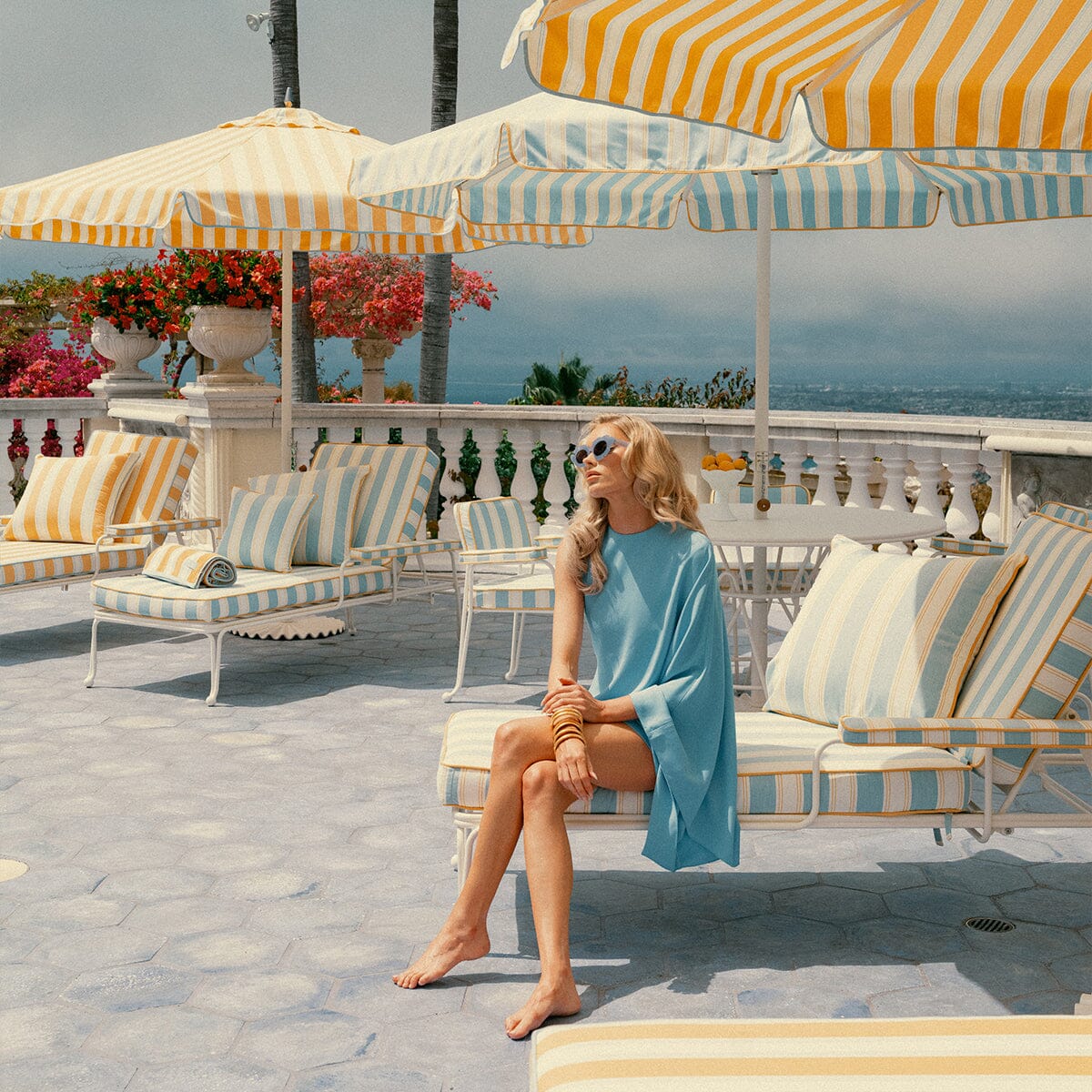 The Waterhouse Sun Lounger in Tuuli Stripe Blue | Antique White Frame Waterhouse Sun Lounger Kit Business & Pleasure Co.