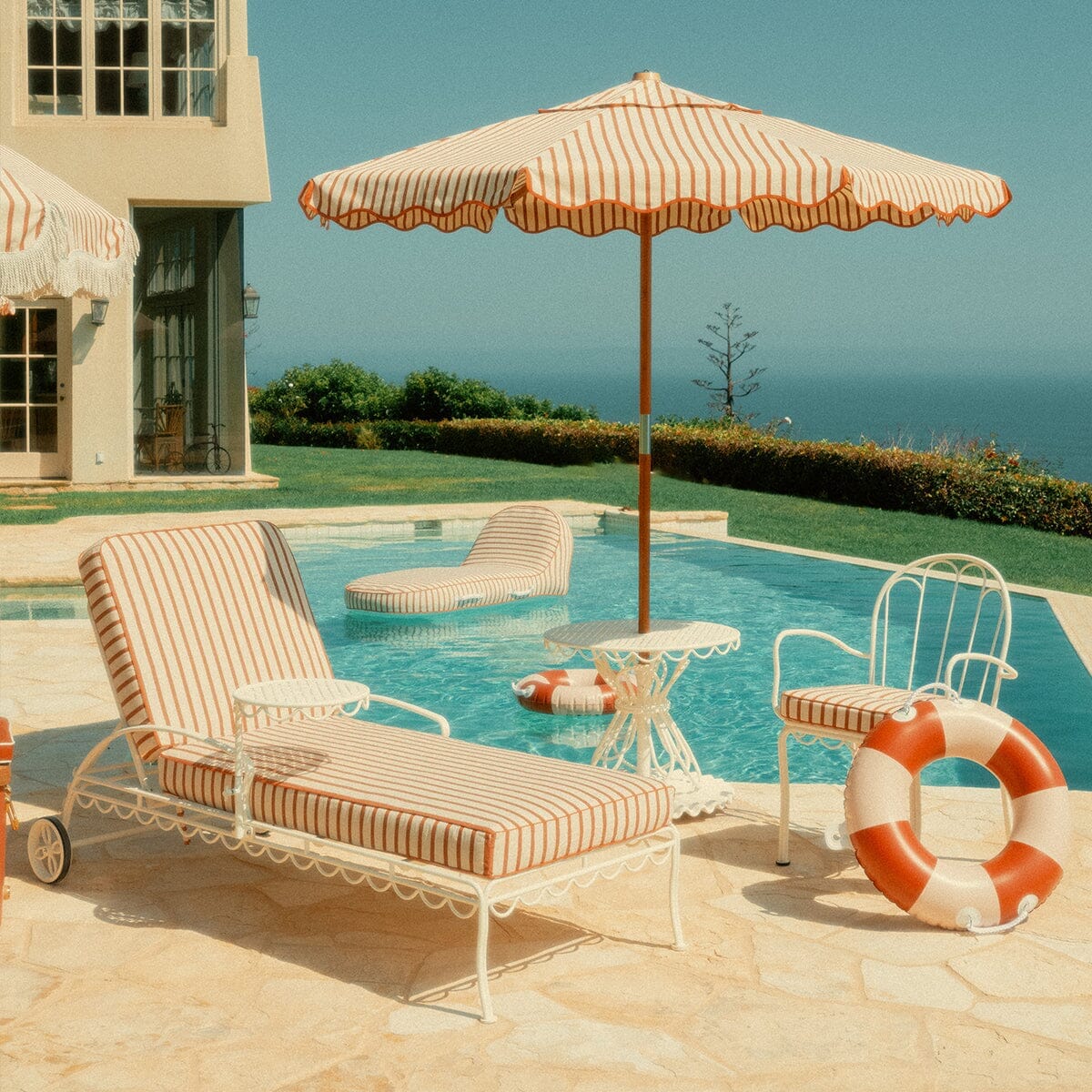 The Al Fresco Sun Lounger in Monaco Le Sirenuse Stripe | Antique White Frame Al Fresco Sun Lounger Kit Business & Pleasure Co.