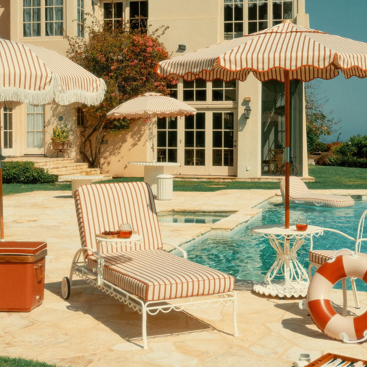 The Al Fresco Sun Lounger in Monaco Le Sirenuse Stripe | Antique White Frame Al Fresco Sun Lounger Kit Business & Pleasure Co.