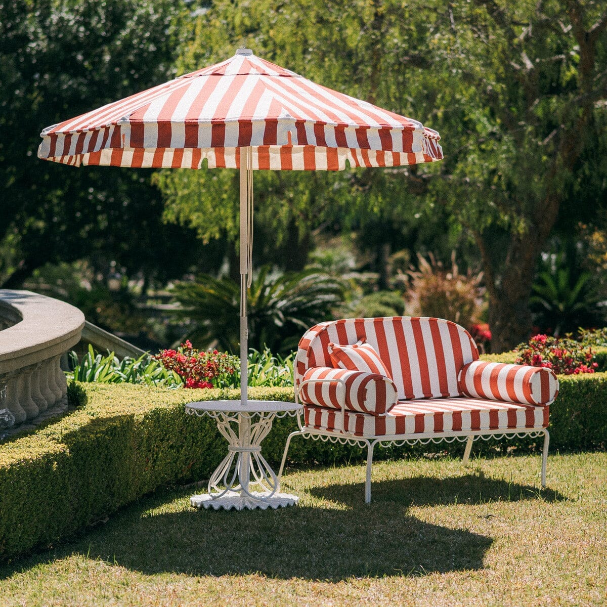 The Al Fresco Love Seat in Crew Le Sirenuse Stripe | Antique White Frame Al Fresco Love Seat Kit Business & Pleasure Co.