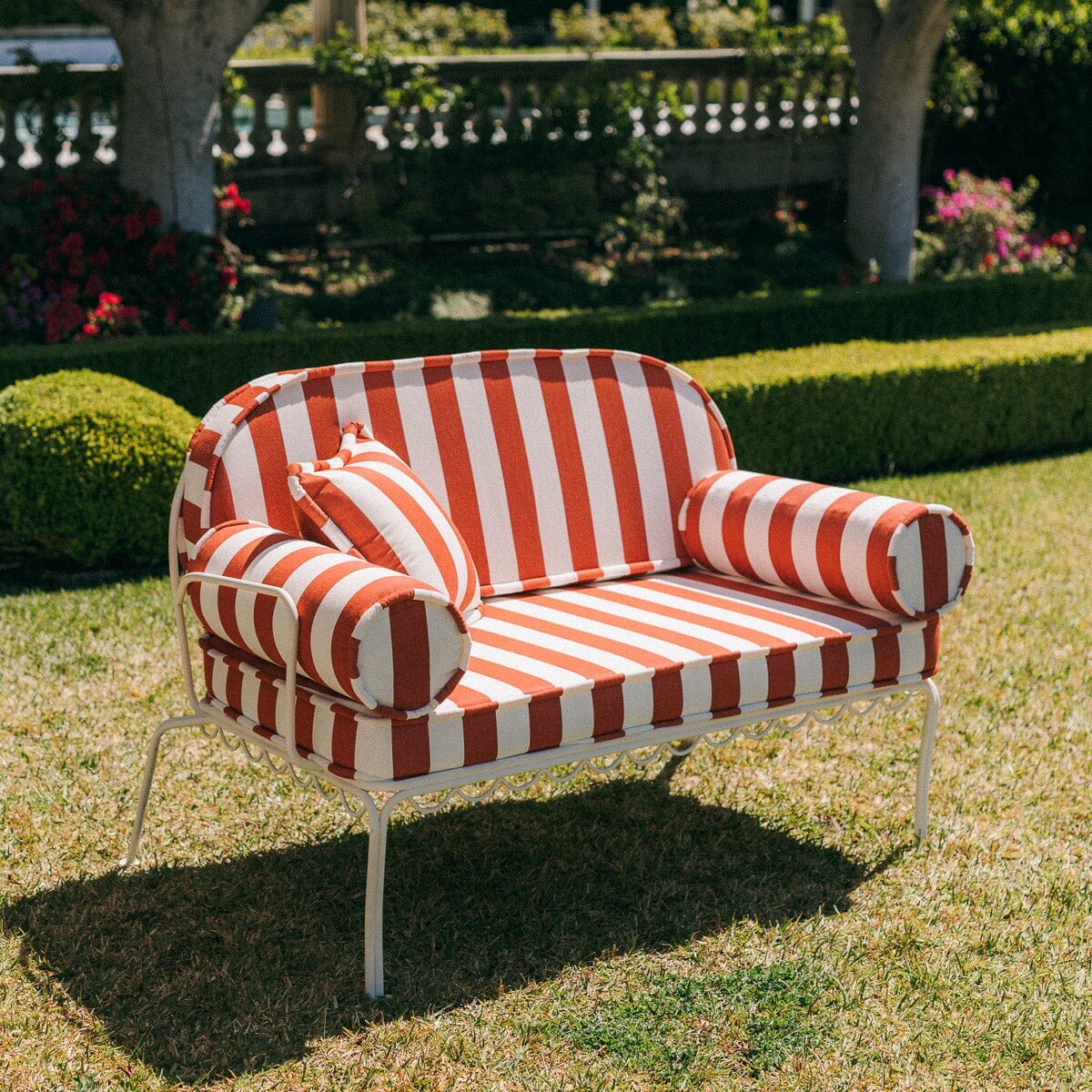The Al Fresco Love Seat in Crew Le Sirenuse Stripe | Antique White Frame Al Fresco Love Seat Kit Business & Pleasure Co.
