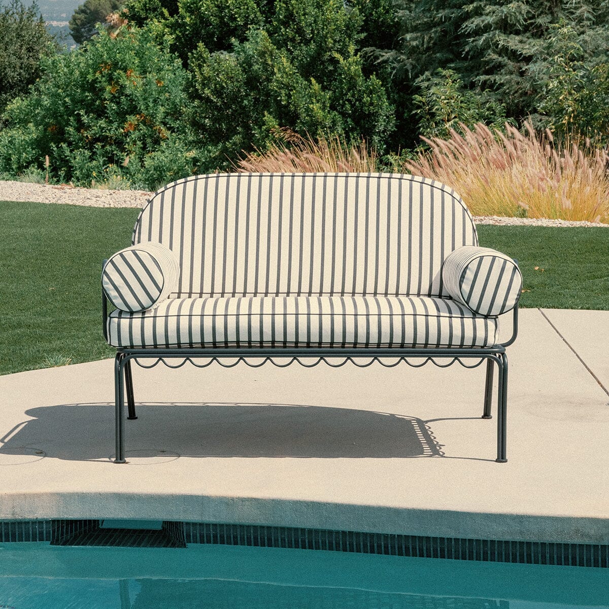 The Al Fresco Love Seat in Monaco Black Stripe | Vintage Black Frame Al Fresco Love Seat Kit Business & Pleasure Co.