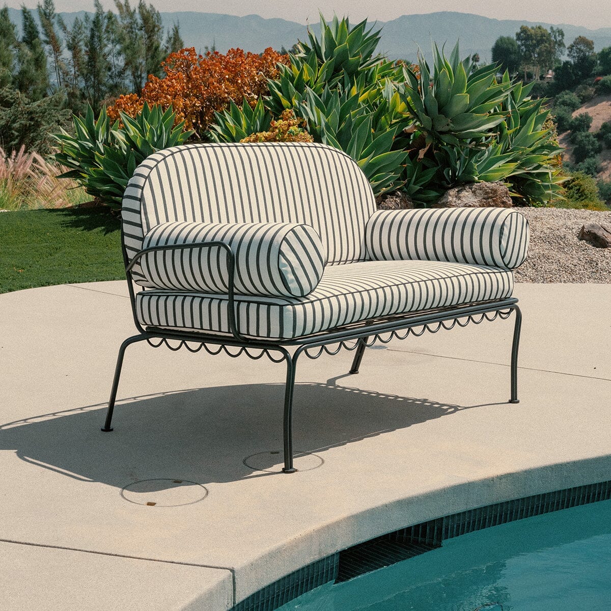 The Al Fresco Love Seat in Monaco Black Stripe | Vintage Black Frame Al Fresco Love Seat Kit Business & Pleasure Co.