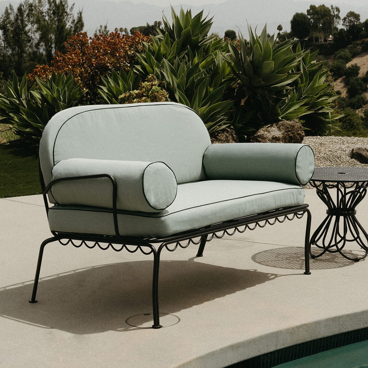The Al Fresco Love Seat in Rivie Green | Vintage Black Frame Al Fresco Love Seat Kit Business & Pleasure Co.