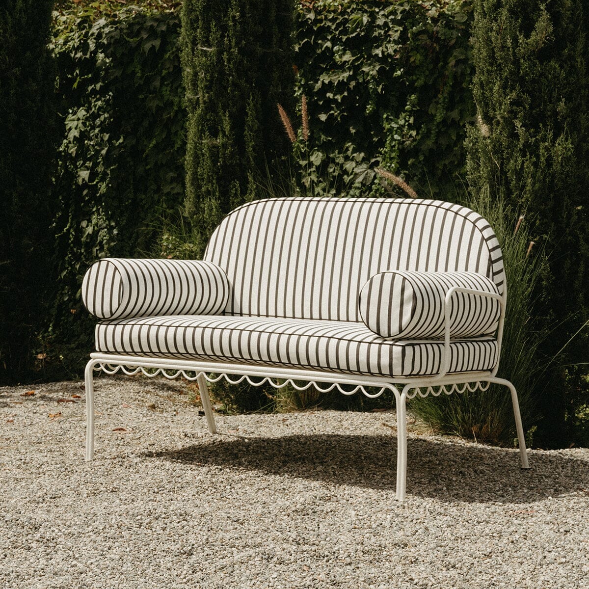The Al Fresco Love Seat in Monaco Black Stripe | Antique White Frame Al Fresco Love Seat Kit Business & Pleasure Co.