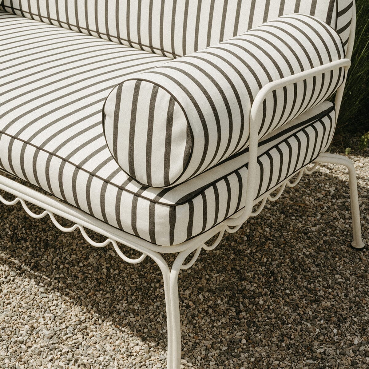 The Al Fresco Love Seat in Monaco Black Stripe | Antique White Frame Al Fresco Love Seat Kit Business & Pleasure Co.