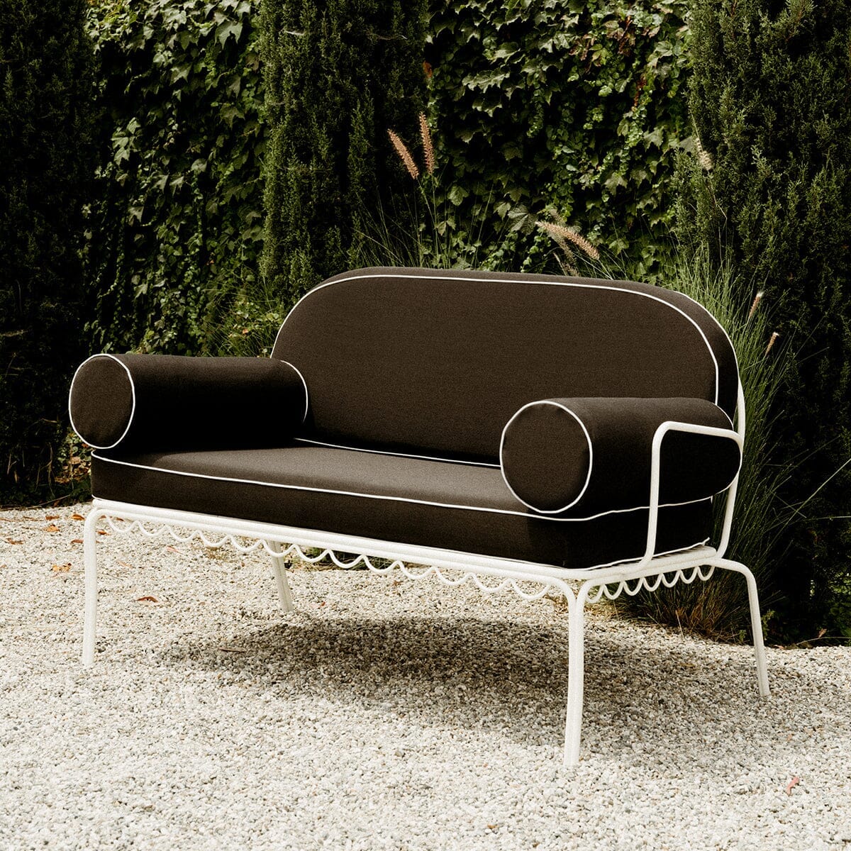 The Al Fresco Love Seat in Rivie Black | Antique White Frame Al Fresco Love Seat Kit Business & Pleasure Co.