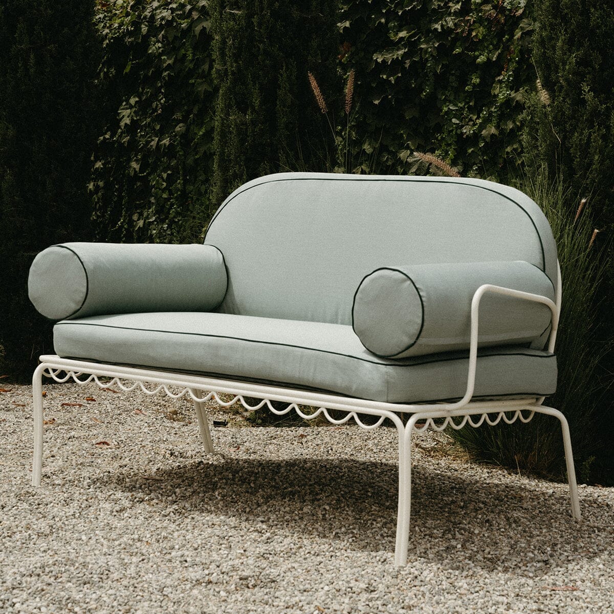 The Al Fresco Love Seat in Rivie Green | Antique White Frame Al Fresco Love Seat Kit Business & Pleasure Co.