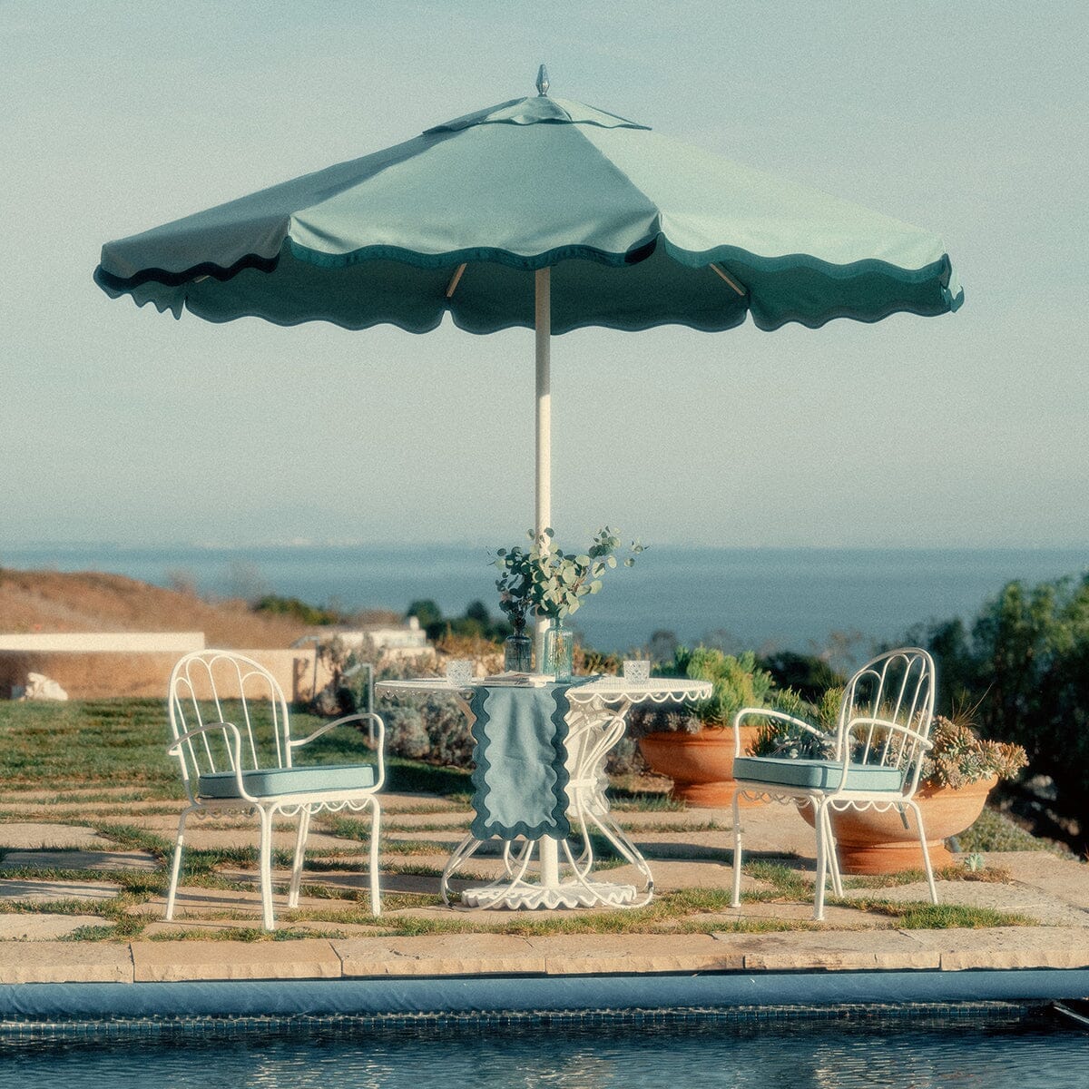 The Resort Market Umbrella in Rivie Green | 8' Antique White Frame Resort Market Umbrella Kit Business & Pleasure Co.