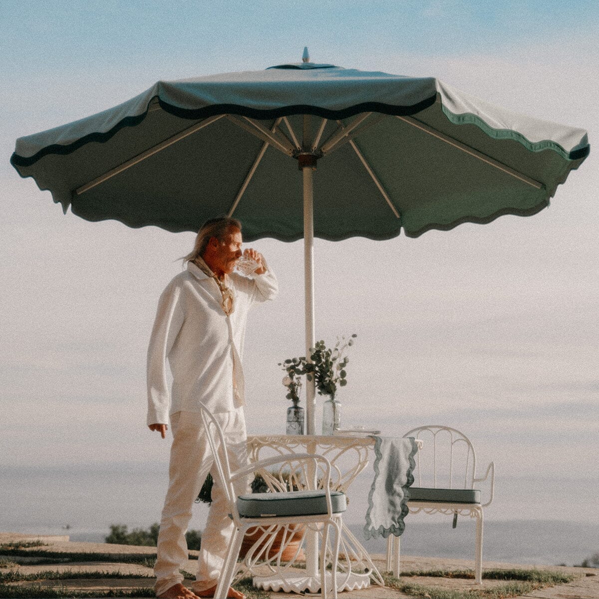 The Resort Market Umbrella in Rivie Green | 10' Antique White Frame Resort Market Umbrella Kit Business & Pleasure Co.