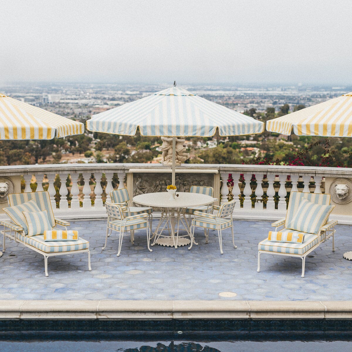 The Resort Market Umbrella in Tuuli Stripe Blue | 10' Antique White Frame Resort Market Umbrella Kit Business & Pleasure Co.