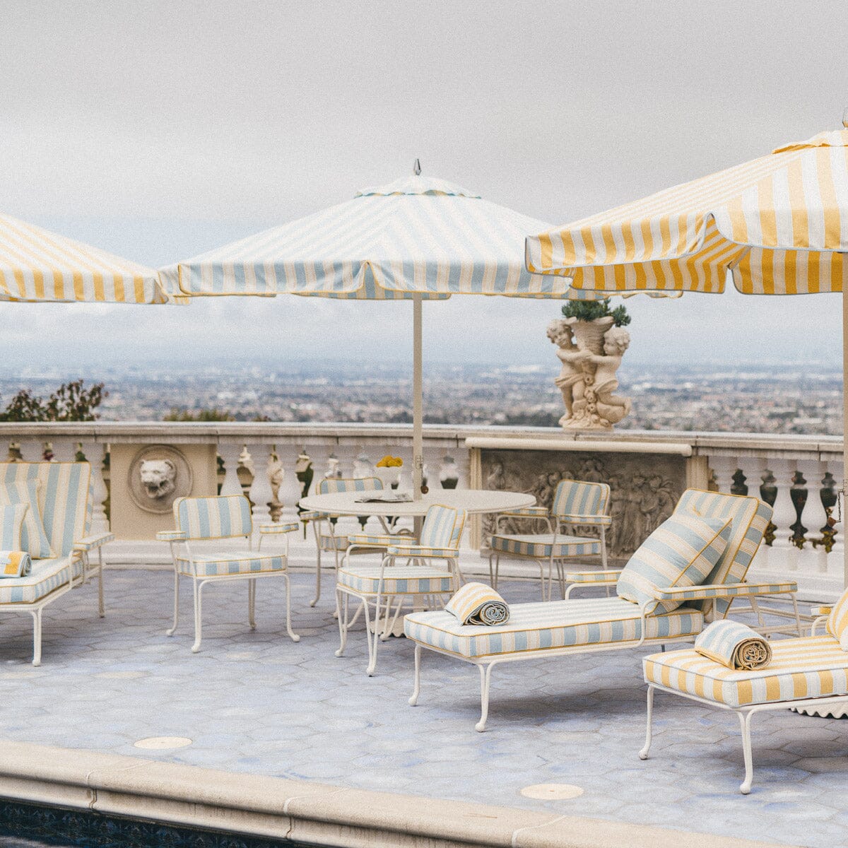 The Resort Market Umbrella in Tuuli Stripe Blue | 10' Antique White Frame Resort Market Umbrella Kit Business & Pleasure Co.