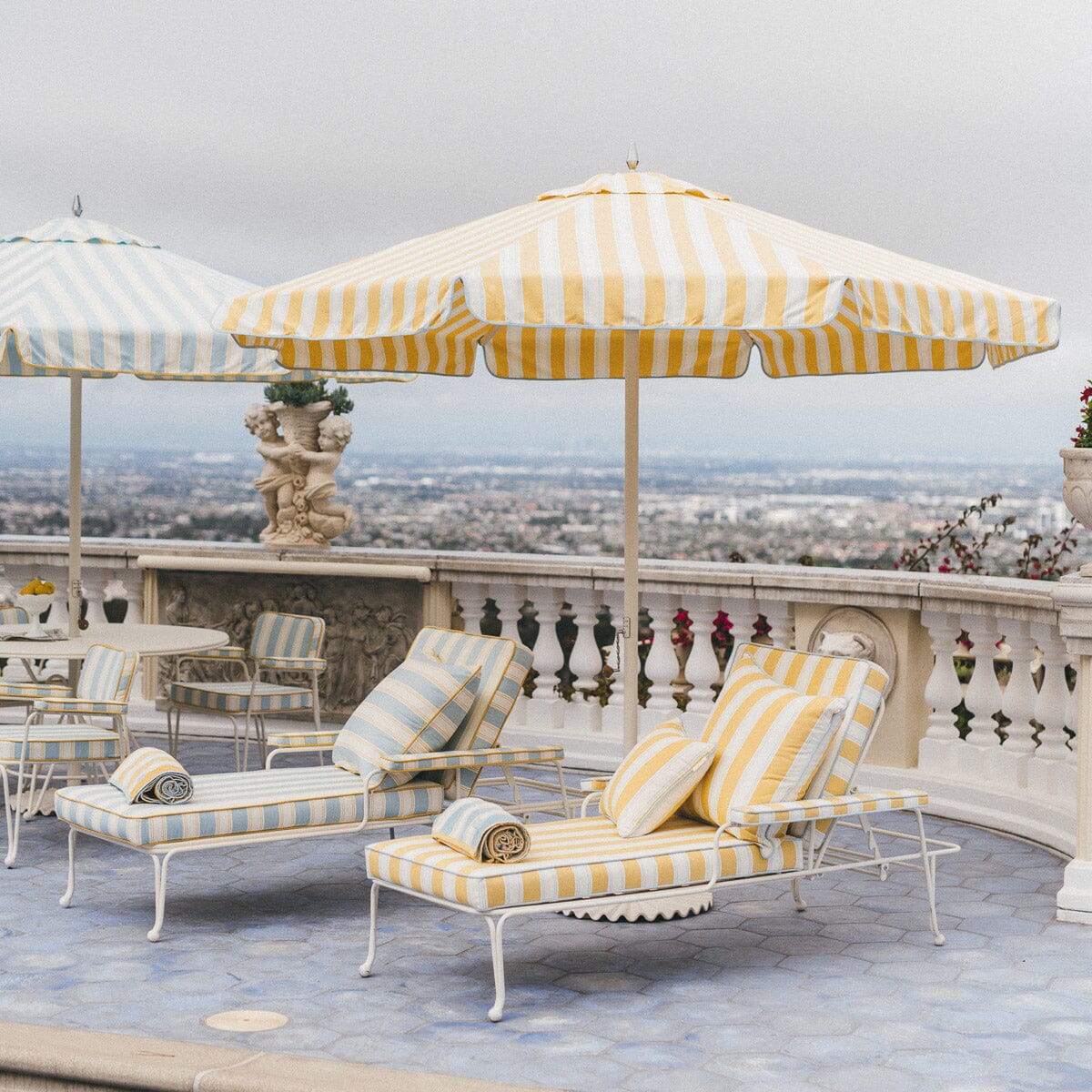 The Resort Market Umbrella in Tuuli Stripe Yellow | 10' Antique White Frame Resort Market Umbrella Kit Business & Pleasure Co.