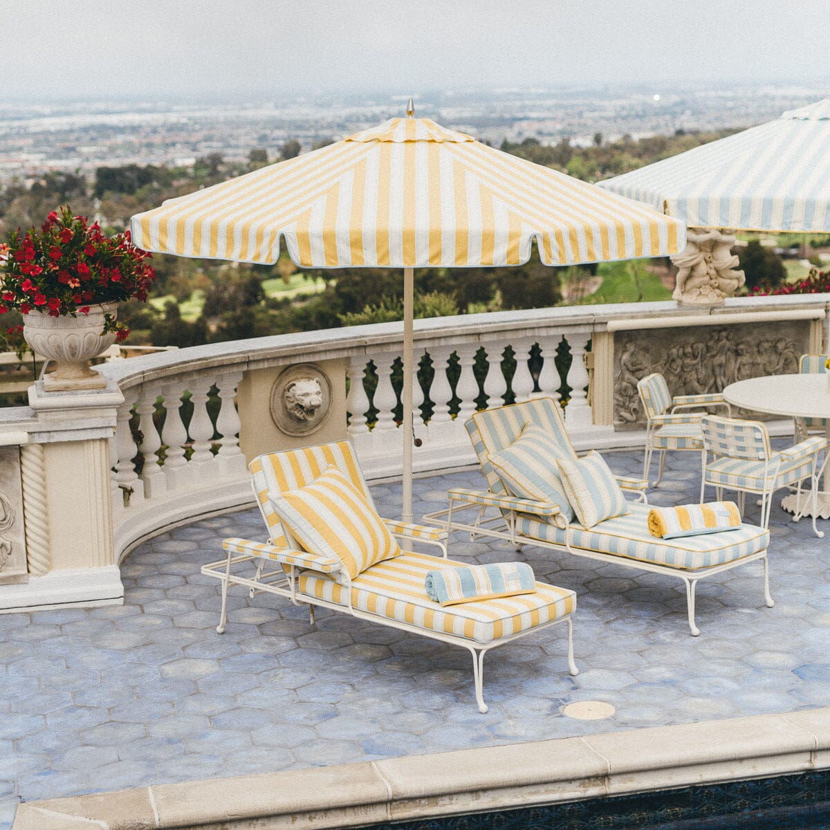 The Resort Market Umbrella in Tuuli Stripe Yellow | 10' Antique White Frame Resort Market Umbrella Kit Business & Pleasure Co.