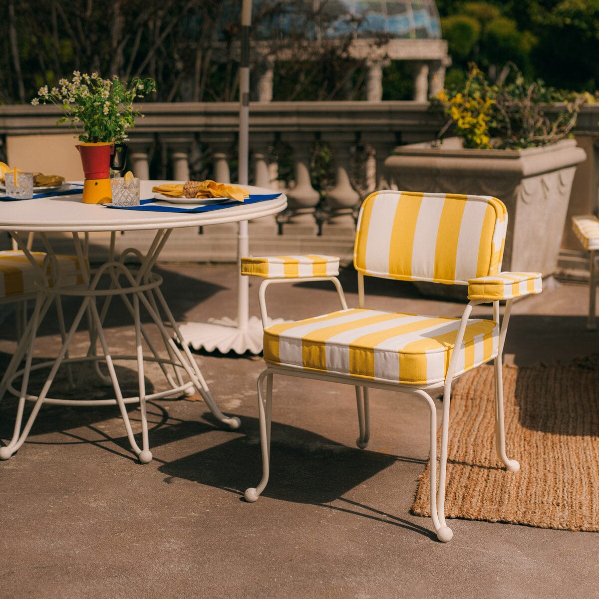 The Waterhouse Dining Chair in Crew Mimosa Yellow Stripe | Antique White Frame Kit Business & Pleasure Co.
